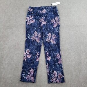 Lisette L Pants Womens 10 Navy Blue Floral Slim Ankle Pull On Stretch Casual